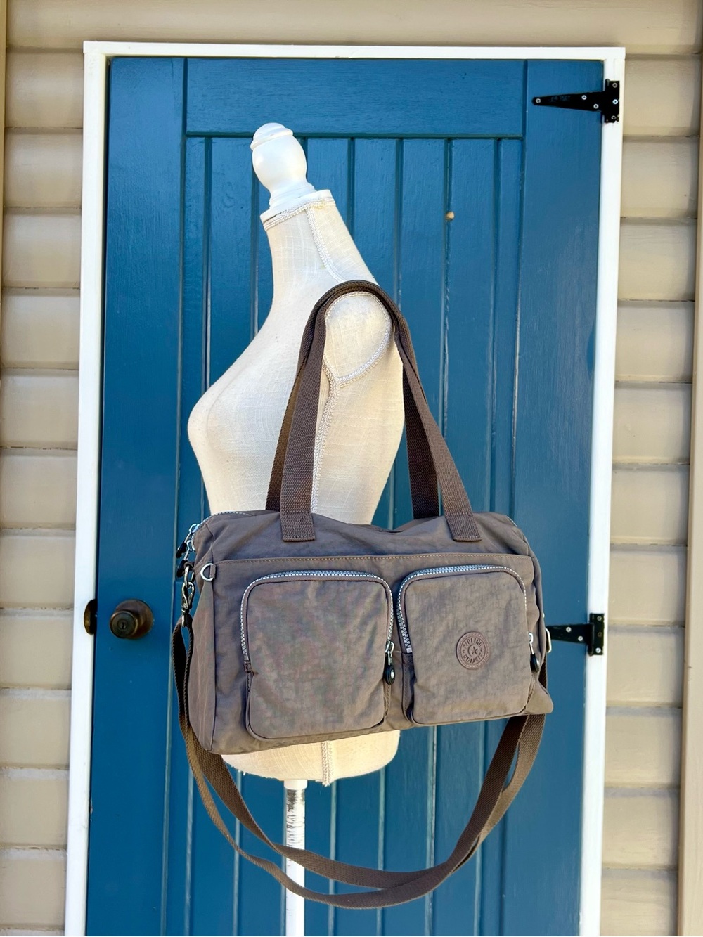 Kipling Cyrene Duffle Crossbody Shoulder Bag Large Taupe Satchel Nylon Travel